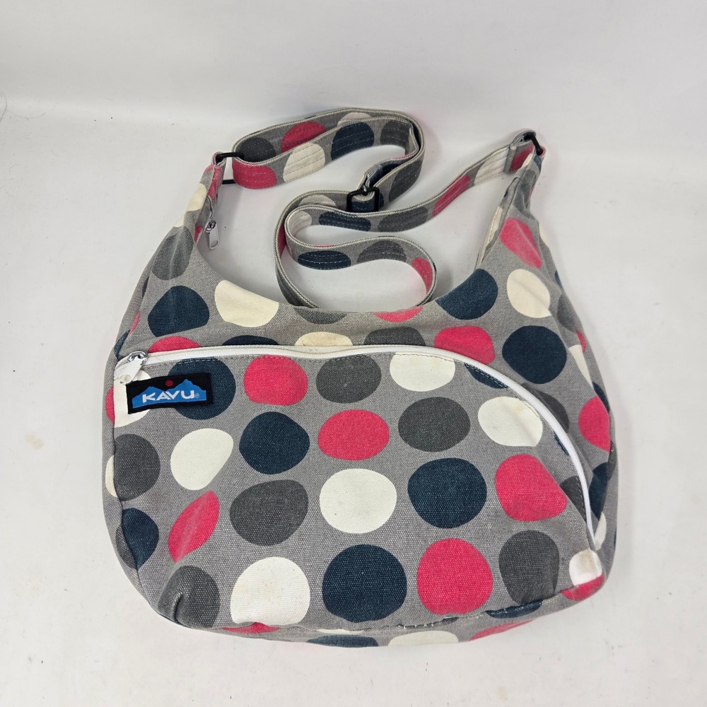 KAVU Sydney Satchel Crossbody Bag Polka Dot Canvas Grey Pink Navy